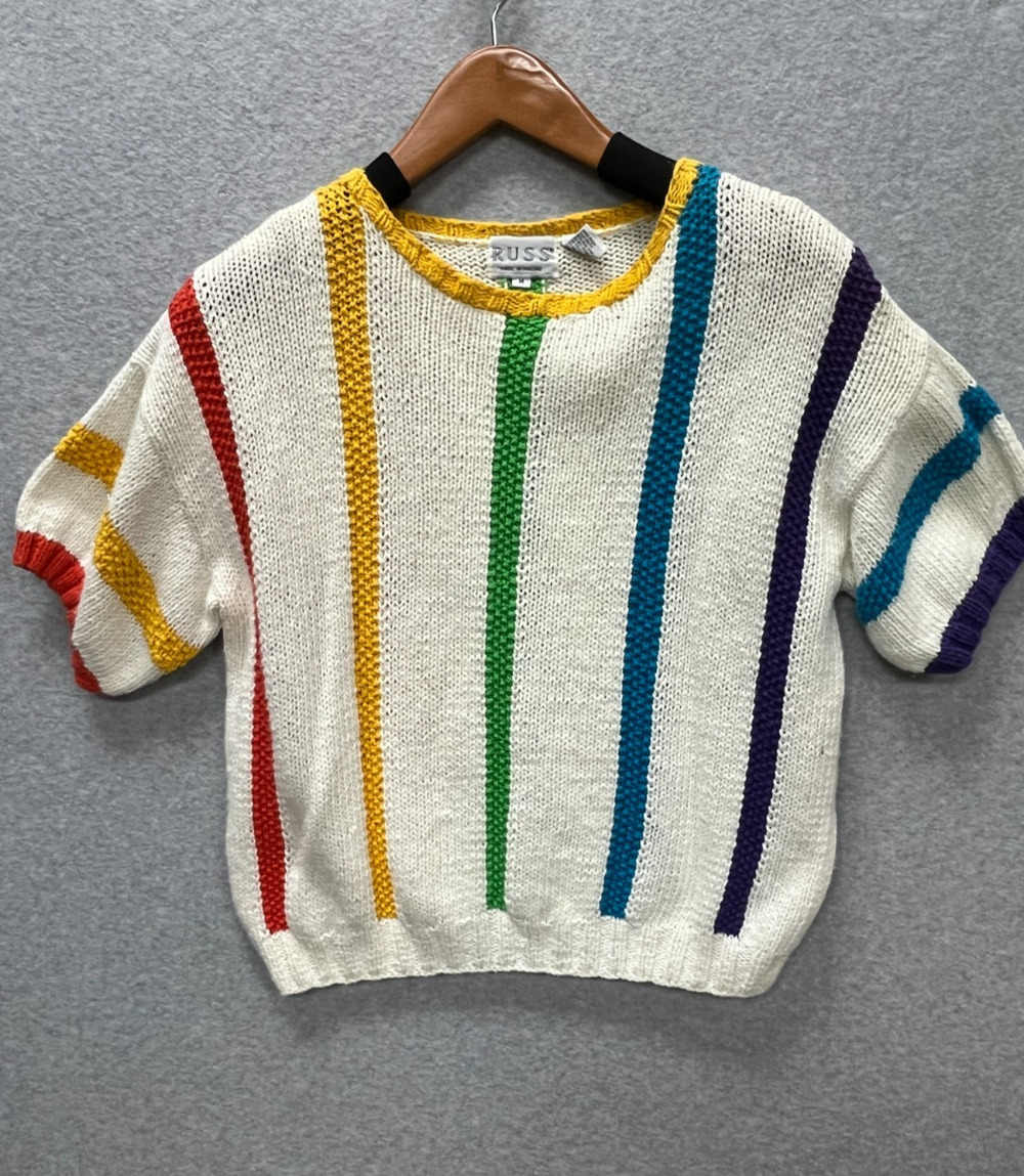 Vintage Russ Striped Short Sleeve Sweater Womens Multicolor Knit Ribbed Pullover